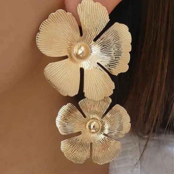 Gold Double Flower Drop Earrings - Picture 3 of 9
